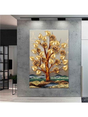 Mushen Studıo Extra Dev Boyut Altın Yapraklı Ağaç Hd Dijital Baskı Dikey Kanvas Tablo Dekor