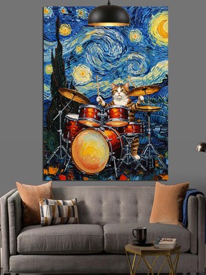 Mushen Studio Mushen Studıo Yıldızlı Gece ve Bateri Seti Dekoratif Kanvas - Mdf Ahşap Tablo