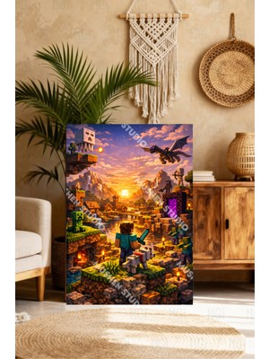 Mushen Studıo Pamuklu Kanvas Tablo - Minecraft Temalı Steve ve Creeper Oyuncu Odası Dekoru