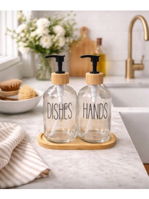 Kitchen Pembelia Bambu Standlı 2’li Sıvısabun Bulaşık Deterjan Cam Sabunluk Seti Sabunluk Takımı