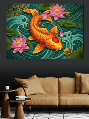 Mushen Studıo Lotuslar Arasında Koi Balığı Dekoratif Kanvas - Mdf Ahşap Tablo
