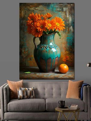 Mushen Studıo Turuncu Çiçekli Seramik Vazo Dekoratif Kanvas - Mdf Ahşap Tablo