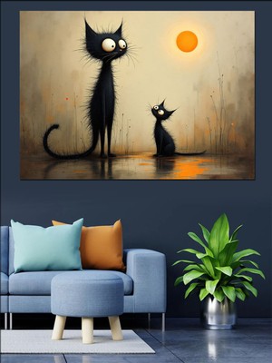 Mushen Studıo Ince Uzun Siyah Kediler Dekoratif Kanvas - Mdf Ahşap Tablo