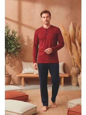 Kompedan Erkek Patlı Yaka Kareli Pamuklu Pijama Takımı | Bordo