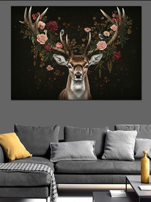 Mushen Studıo Çiçekli Geyik Portresi Dekoratif Kanvas - Mdf Ahşap Tablo