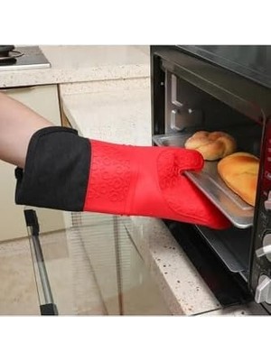 Kırmızı Silikon Yanmaz Yapışmaz Isı Yalıtımlı Mutfak Fırın Eldiveni Tencere Sahan Tutacak 35 cm