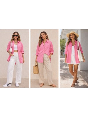 Bohem Şehir Stili - Oversize Uzun Kollu Gömlek(Pembe)