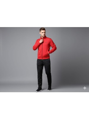 Fumex Spor Giyim Erkek Kırmızı Siyah Fermuarlı Cepli Eşofman Takımı - Slim Fit Mevsimlik Spor Takım