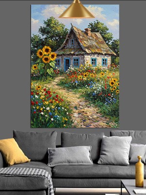 Mushen Studio Mushen Studıo Köy Evi Çiçek Tarlası Dekoratif Kanvas - Mdf Ahşap Tablo