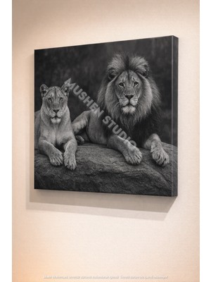 Mushen Studio Mushen Studıo Aslan Çifti Siyah Beyaz Kanvas Tablo - Pamuklu Tuval Uv Baskı