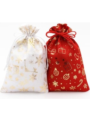 2’li Set 17X23 cm Yılbaşı Hediye Kesesi – Kırmızı & Beyaz Altın Yaldızlı Temalı Kumaş Çanta | Yılbaşı Hediye Paketi Kesesi