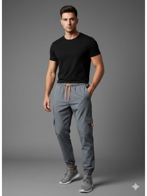 Wear Co Stıll Unisex Gri Kargo Cepli Jogger Pantolon - Turuncu Detaylı Likralı Rahat Kesim Alt