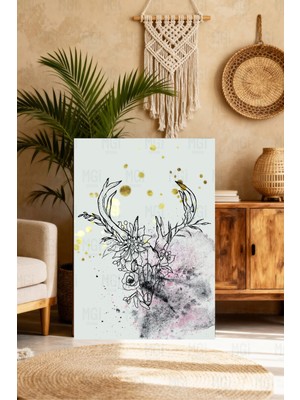 Mushen Studio Mushen Studıo Modern Bohem Geyik Figürlü Çiçek Desenli Kanvas Tablo - Altın Detaylı Duvar Dekoru