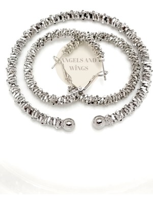 Normadia Şık 316L Çelik Gümüş Renk Kadın Takı Seti, Bileklik ve Küpe