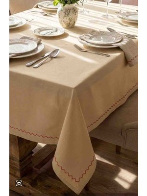 Yarımada Kadın Kooperatifi ​lüks Duck Keten Masa Örtüsü - Kırmızı Piko Nakışlı - 170X240 cm - Su ve Leke Itici