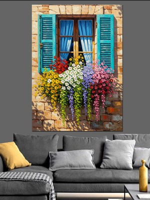 Mushen Studıo Mor Çiçekli Pencere Manzarası Dekoratif Kanvas - Mdf Ahşap Tablo
