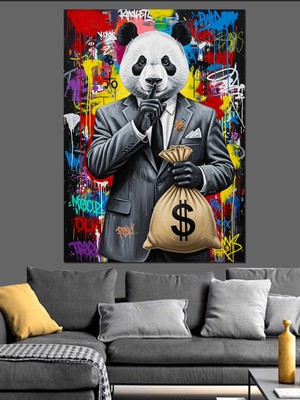 Mushen Studıo Para Saçan Panda Rapçi Dekoratif Kanvas - Mdf Ahşap Tablo