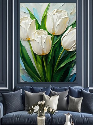 Mushen Studıo Beyaz Lale Çizimi Dekoratif Kanvas - Mdf Ahşap Tablo