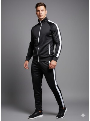 Wear Co Stıll Erkek Siyah Beyaz Şeritli Fermuarlı Slim Fit Eşofman Takımı - Spor ve Günlük Takım