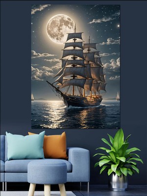 Mushen Studıo Ay Işığında Yelkenli Gemi Dekoratif Kanvas - Mdf Ahşap Tablo