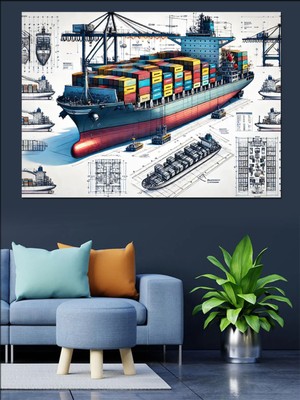 Mushen Studıo Konteyner Gemisi Çizimi Dekoratif Kanvas - Mdf Ahşap Tablo