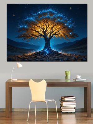 Mushen Studıo Gece Işık Saçan Büyük Ağaç Dekoratif Kanvas - Mdf Ahşap Tablo
