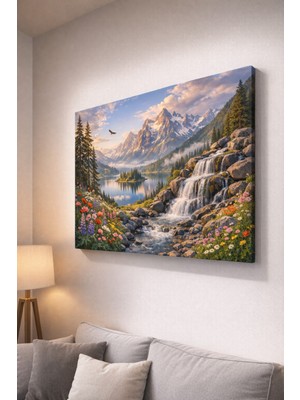Mushen Studio Mushen Studıo Şelale ve Dağ Manzaralı Doğa Temalı Pamuklu Kanvas Tablo