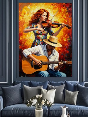 Mushen Studio Mushen Studıo Gitar ve Kadın Kemancı Dekoratif Kanvas - Mdf Ahşap Tablo