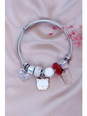 Normadia Şık Beyaz Kedi Çelik Bileklik, Zarif ve Günlük Kullanıma Uygun