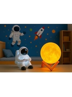 Işık Kasabası(28) Oturan Astronot ve 3D Küre LED Gece Lambası Tabletli Astronot Sarı,beyaz