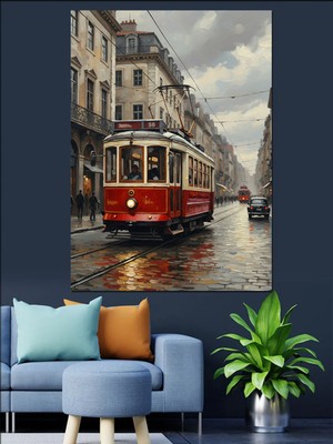 Mushen Studıo Kırmızı Tramvay Istanbul Şehir Dekoratif Kanvas - Mdf Ahşap Tablo