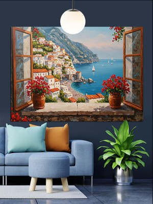 Mushen Studıo Pencereden Deniz Manzarası Dekoratif Kanvas - Mdf Ahşap Tablo