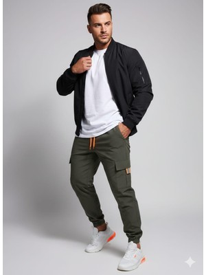 Wear Co Stıll Unisex Gri Kargo Cepli Jogger Pantolon - Turuncu Detaylı Likralı Rahat Kesim Alt