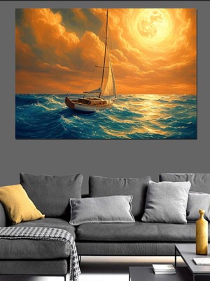 Mushen Studıo Altın Işıklı Yelkenli Gemi Dekoratif Kanvas - Mdf Ahşap Tablo