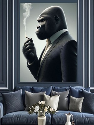 Mushen Studıo Sigara Içen Goril Dekoratif Kanvas - Mdf Ahşap Tablo