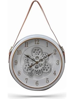 Premium Serisi Antik Eskitme Döner Çarklı Retro Tasarım 40 cm Ev ve Ofis Duvar Saati Rakamlı Beyaz-