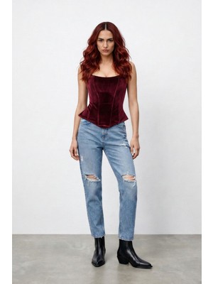 GILLA'S QUEEN Kadın Bordo Fransız Kadifesi Straplez Tasarım Büstiyer