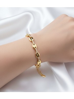 Normadia Parlak Zirkon Taşlı 14K Gold Çelik Bileklik 17CM+4CM, Şık ve Dayanıklı