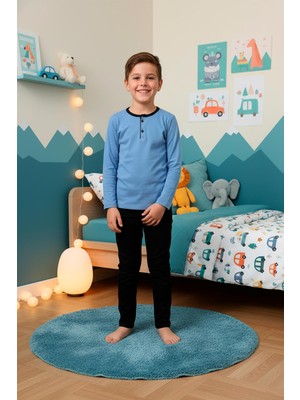 Kompedan Erkek Çocuk Interlok Bisiklet Yaka Pijama Takımı | Mavi 206