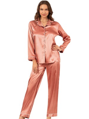 Ahu Biyeli Uzun Kol Saten Önden Düğmeli Pijama Takımı | Bakır 7647