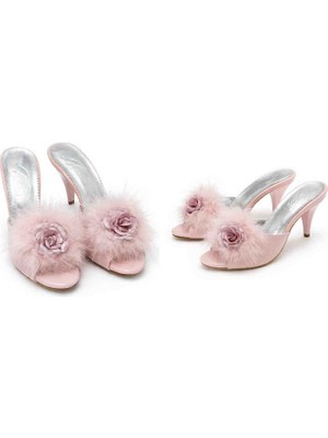 Espuar Kadın Tüylü Topuklu Terlik Çiçek Detaylı Şık Çeyiz Terliği