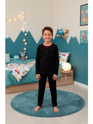 Kompedan Erkek Çocuk Interlok Bisiklet Yaka Pijama Takımı | Siyah 207