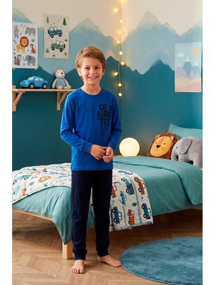 Kompedan Erkek Çocuk Interlok Bisiklet Yaka Pijama Takımı | Saks Mavi 107