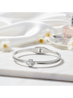 Normadia Kadın Yonca Gümüş Çelik Kelepçe Bileklik, Şık ve Dayanıklı Takı