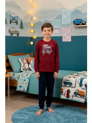 Kompedan Erkek Çocuk Interlok Bisiklet Yaka Pijama Takımı | Bordo 109