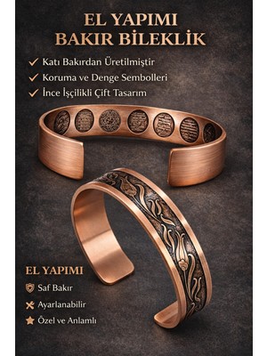 Normadia Lale Motifli Bakır Bileklik, Dualı, Felak Nas Celcelutiye, Hz. Süleyman Mührü