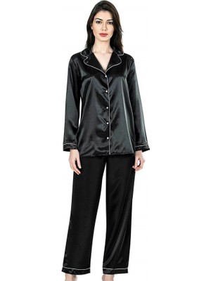 MOTTO10 Butik Aria's Closet Siyah Ikili Saten Gecelik Pijama Takımı 7647