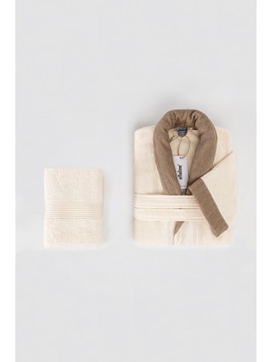 Ellaline Çizgili Bornoz Seti %100 Pamuk Sertifikalı, 2 Parça, Kontrast Yaka Şalyaka Bornoz Takımı Krem