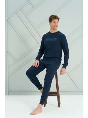 Erkek Interlok Bisiklet Yaka Pijama Takım | Lacivert 2221