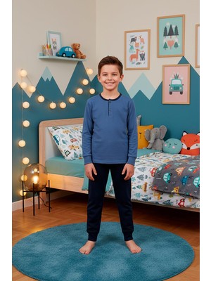Kompedan Erkek Çocuk Interlok Bisiklet Yaka Pijama Takımı | Indigo 205
